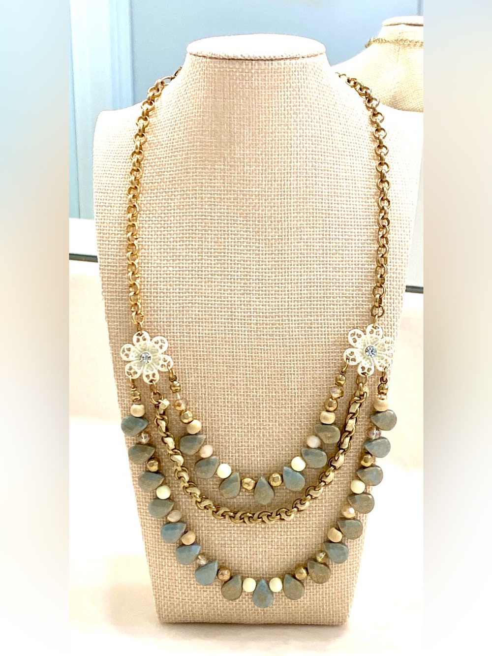 Vintage Multi Layer Bib Necklace Ice Blue Tear Drop Floral Filigree Gold